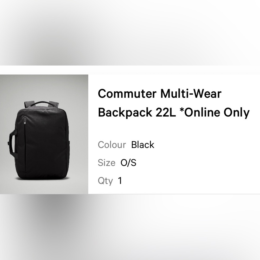 Lululemon Black Commuter Multi-Wear Backpack 22L
